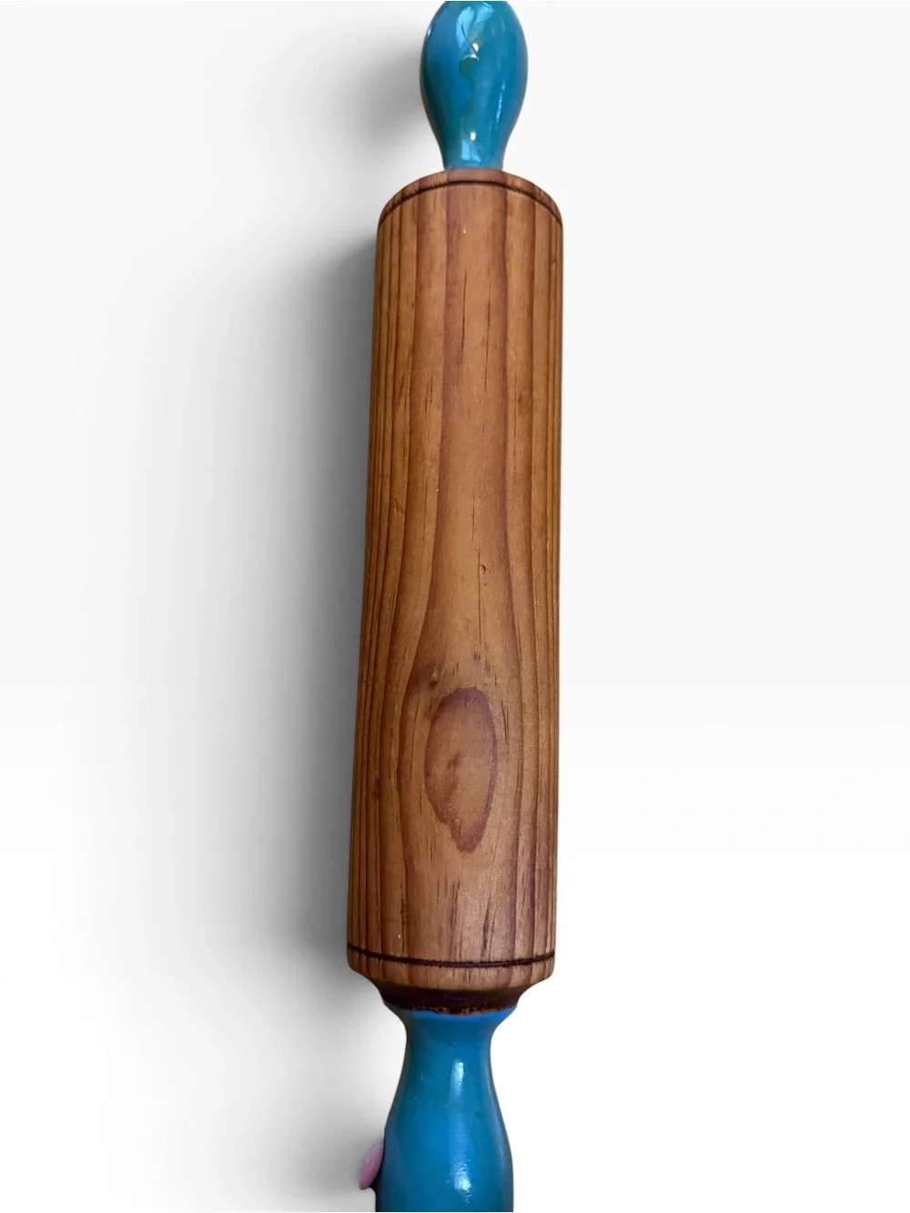 Vintage Wood Rolling Pin Featuring Painted  Teal Handles